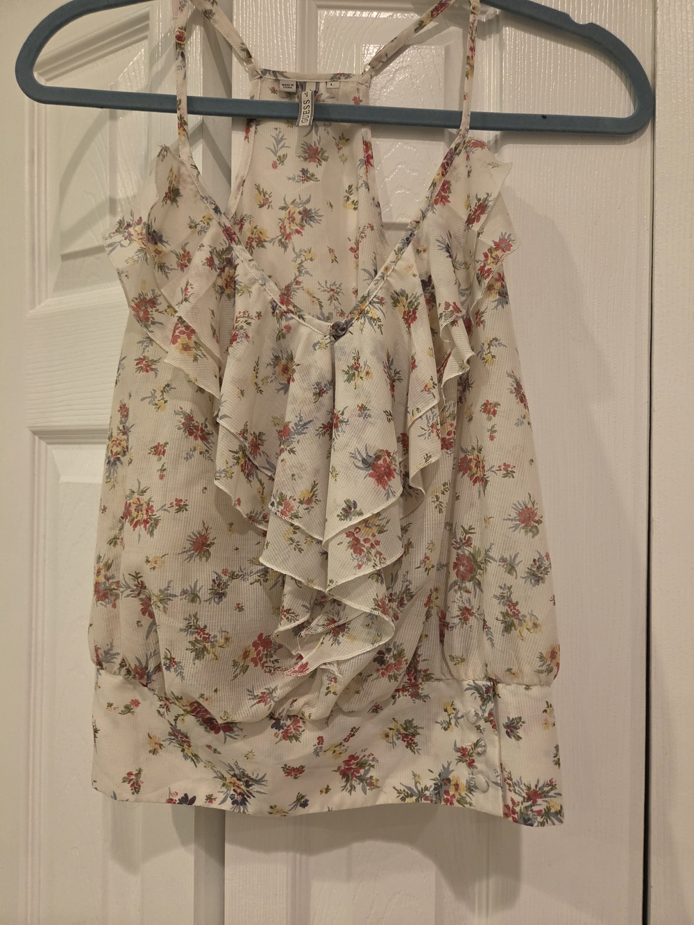 Guess Cream Floral Ruffle Sleeveless Top